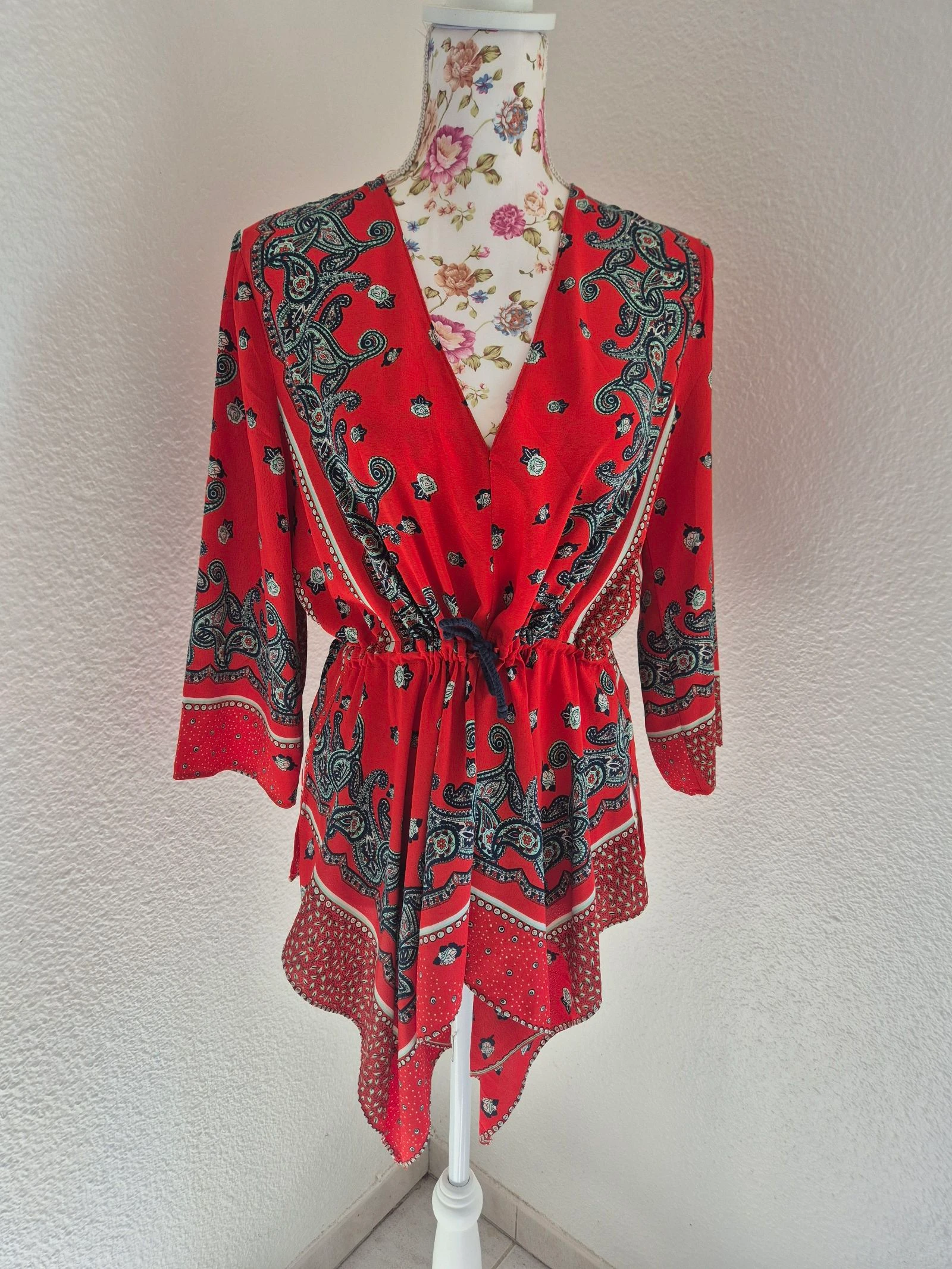 Blouse Kimono Zara Rouge Imprimé Cachemire Bohème Fluide Taille M 38